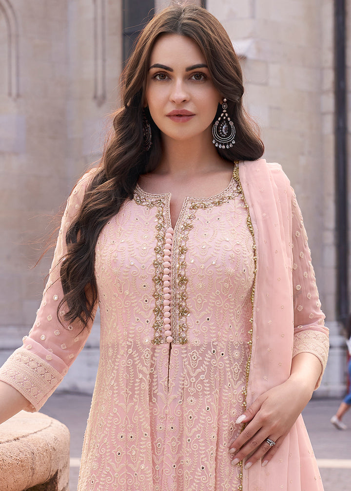 Sweet Pink Georgette Front Slit Palazzo Suit with Elegant Chikankari Embroidery