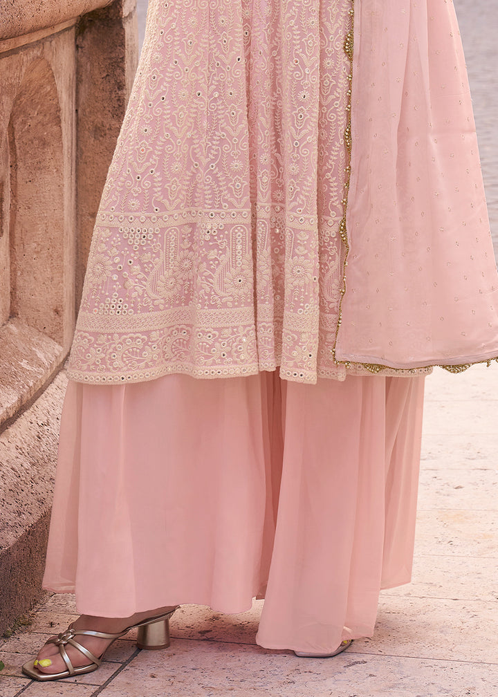 Sweet Pink Georgette Front Slit Palazzo Suit with Elegant Chikankari Embroidery