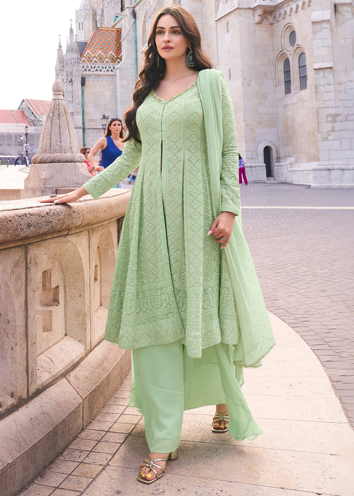 Celadon Green Georgette Front Slit Palazzo Suit with Elegant Chikankari Embroidery