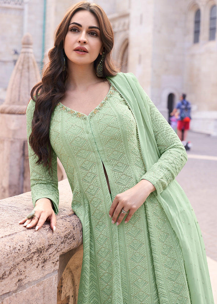 Celadon Green Georgette Front Slit Palazzo Suit with Elegant Chikankari Embroidery