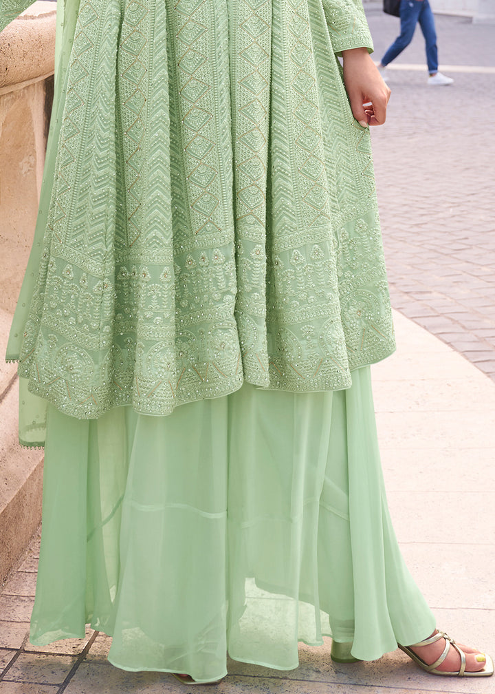 Celadon Green Georgette Front Slit Palazzo Suit with Elegant Chikankari Embroidery