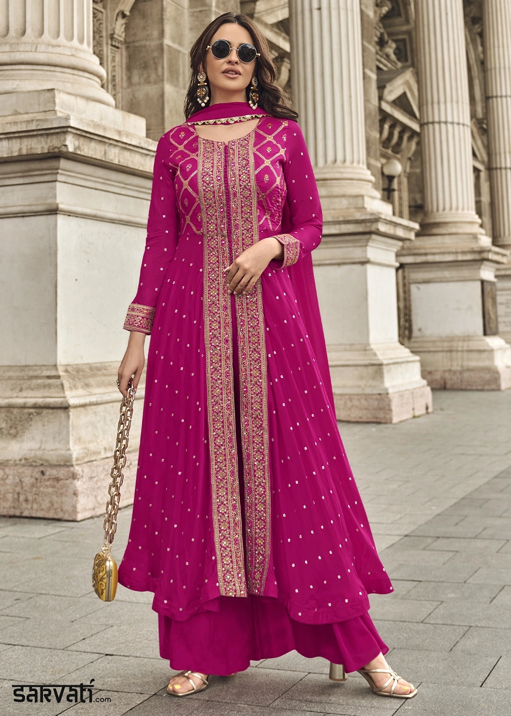 Magenta Pink Hand Embroidered Viscose Jacquard Silk Palazzo Set