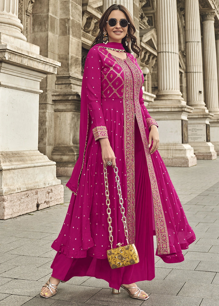 Magenta Pink Hand Embroidered Viscose Jacquard Silk Palazzo Set
