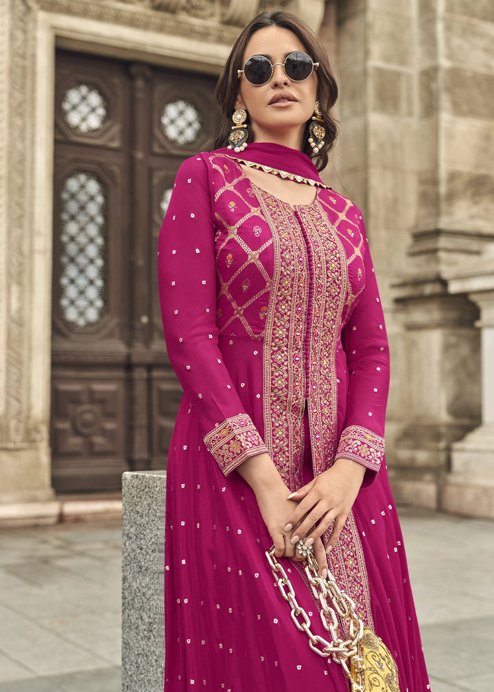 Magenta Pink Hand Embroidered Viscose Jacquard Silk Palazzo Set