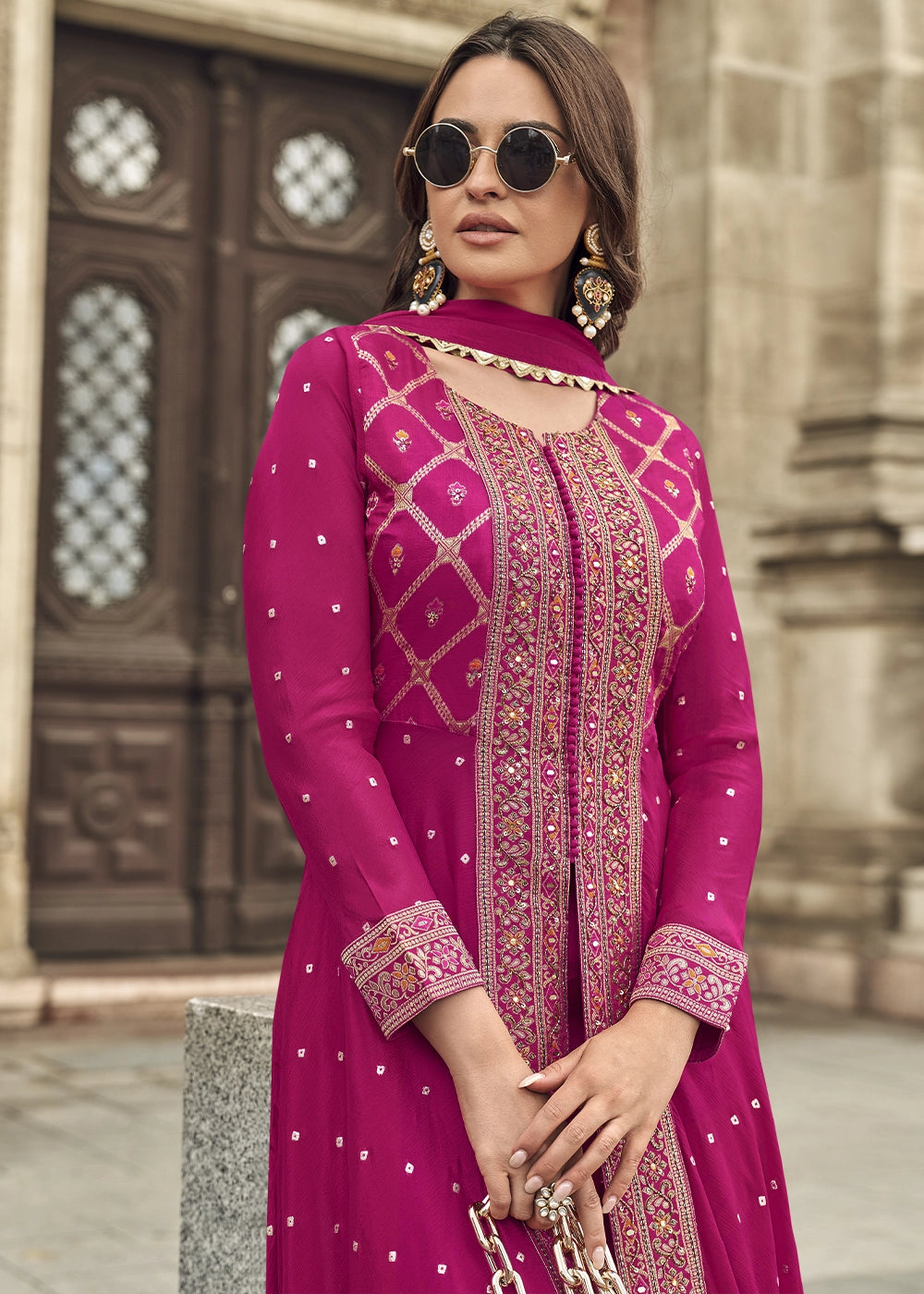 Magenta Pink Hand Embroidered Viscose Jacquard Silk Palazzo Set