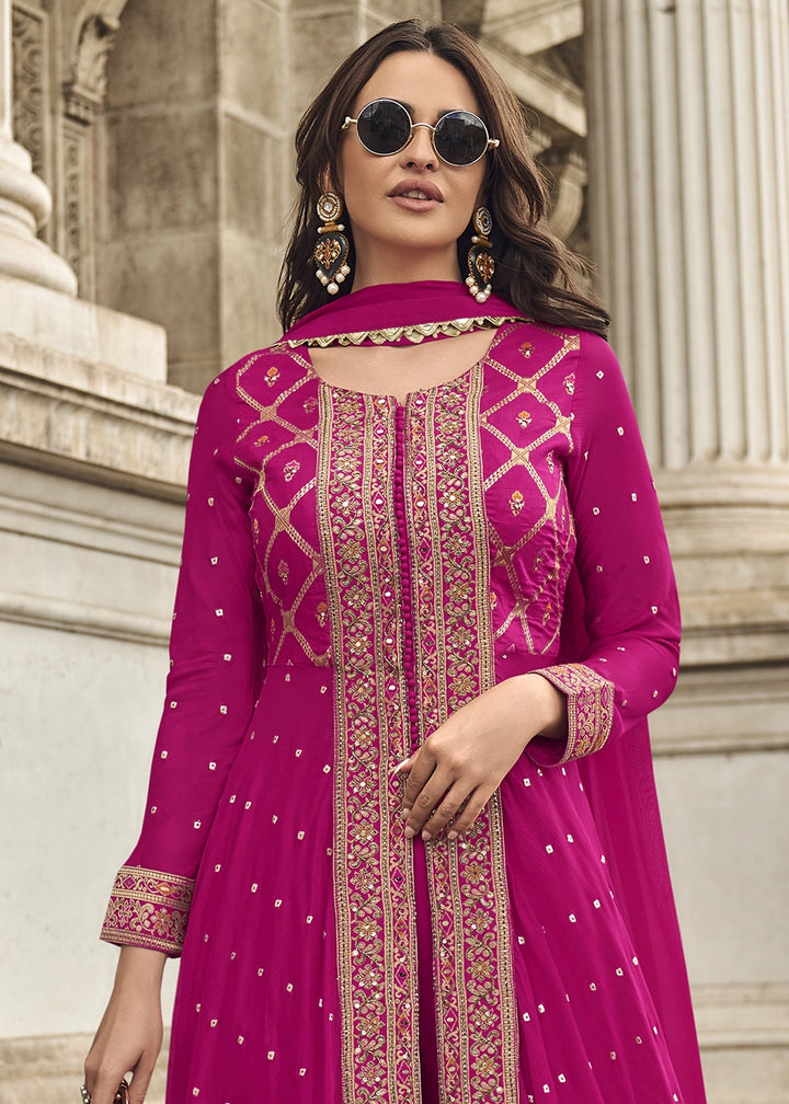 Magenta Pink Hand Embroidered Viscose Jacquard Silk Palazzo Set
