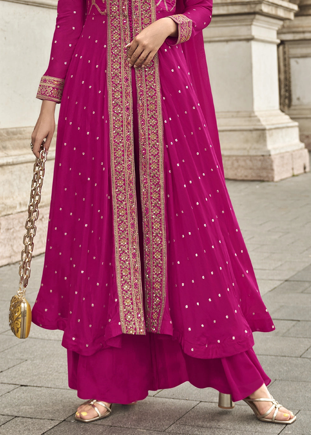Magenta Pink Hand Embroidered Viscose Jacquard Silk Palazzo Set