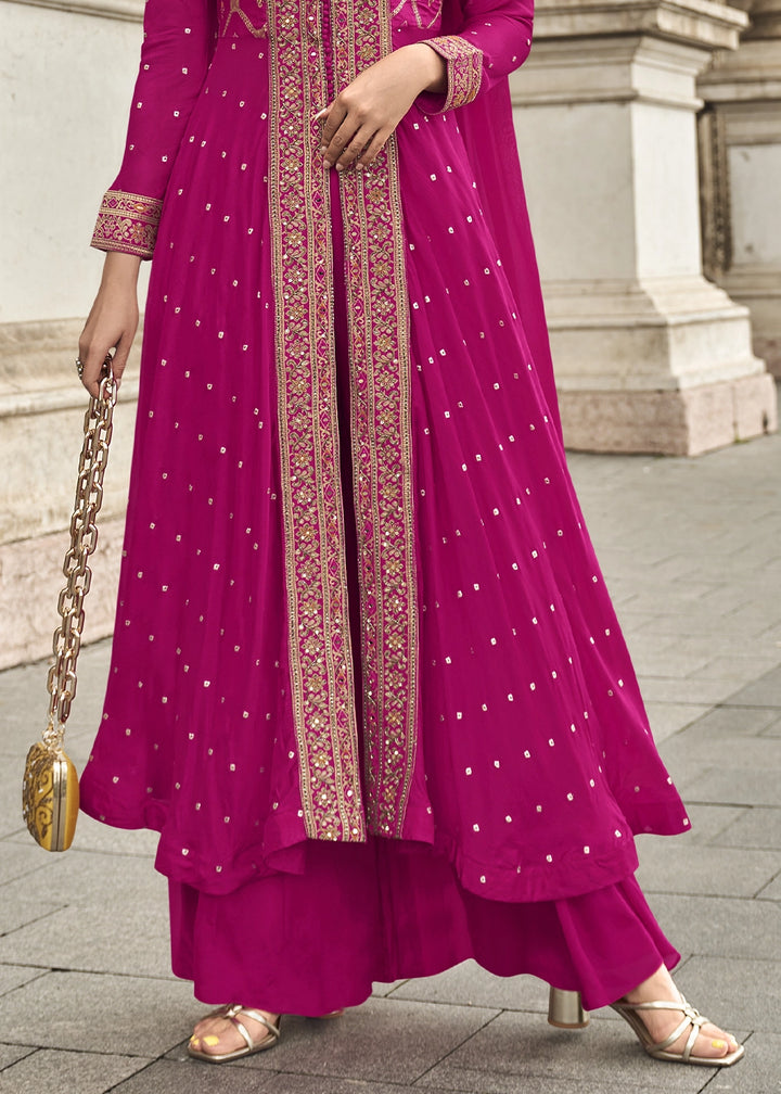 Magenta Pink Hand Embroidered Viscose Jacquard Silk Palazzo Set