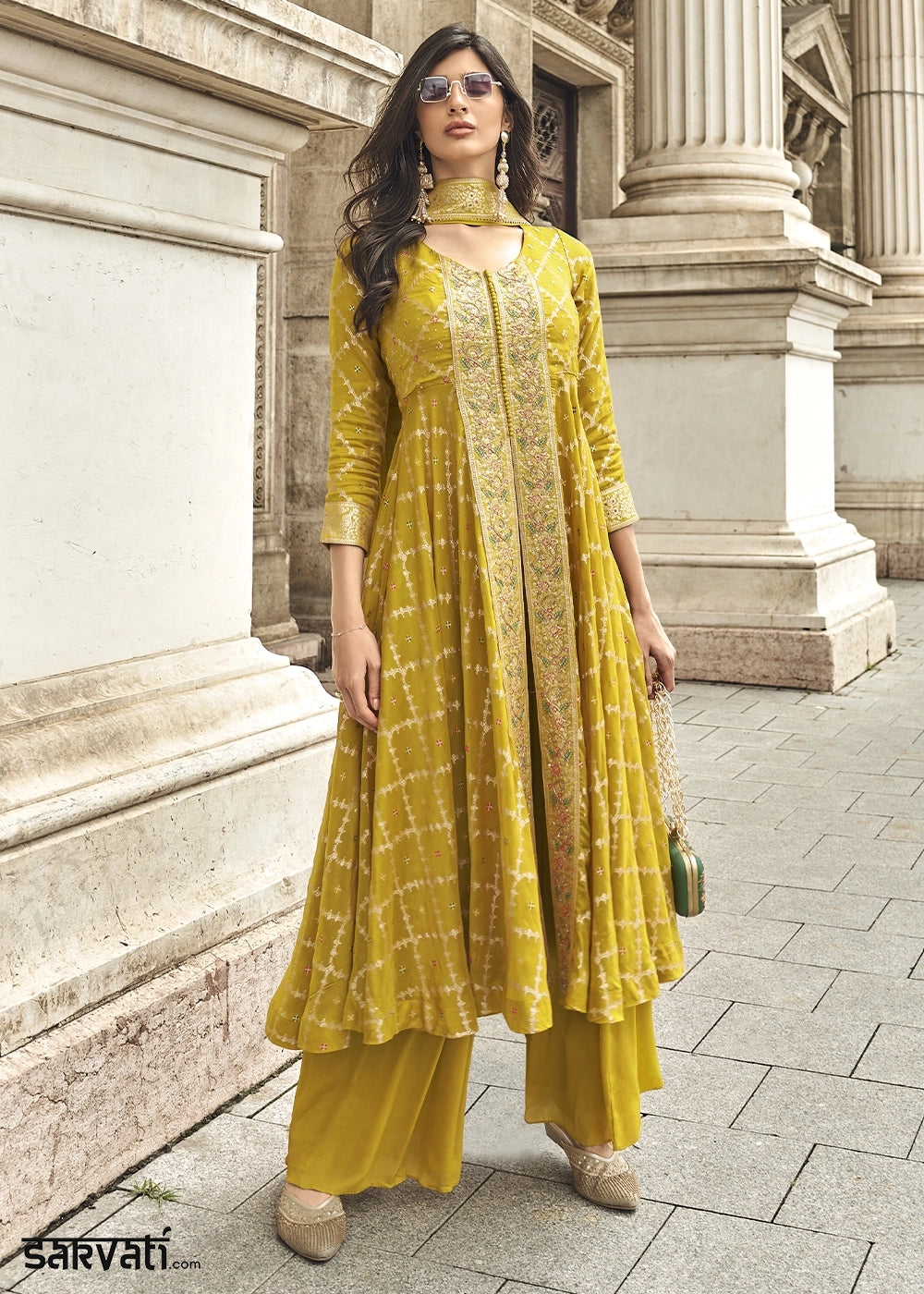 Mustard Yellow Hand Embroidered Viscose Jacquard Silk Palazzo Set