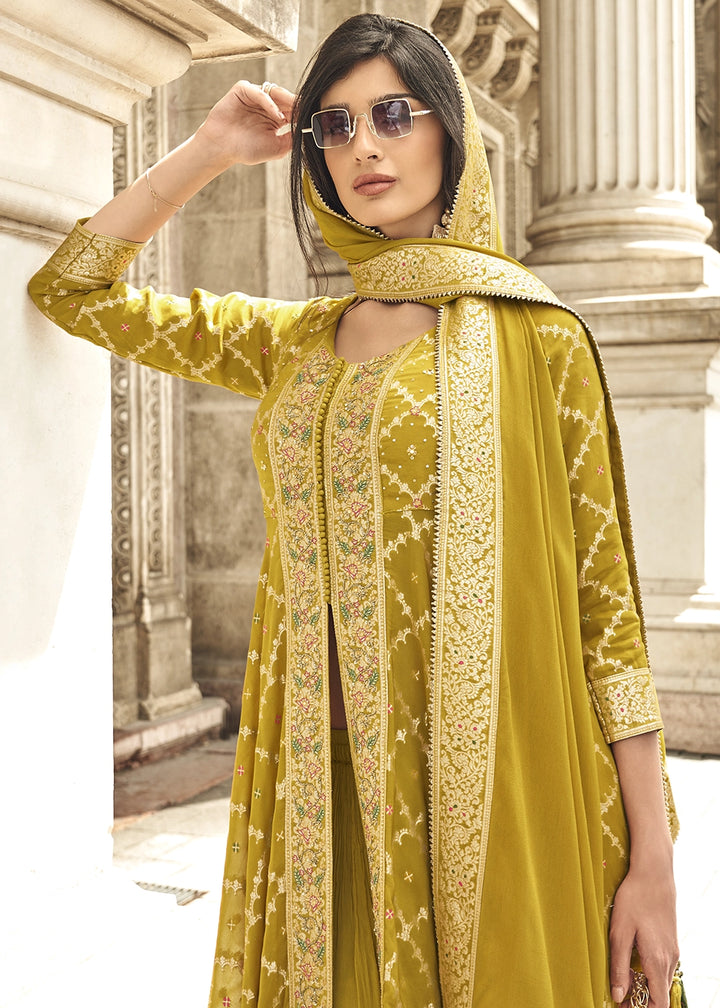 Mustard Yellow Hand Embroidered Viscose Jacquard Silk Palazzo Set
