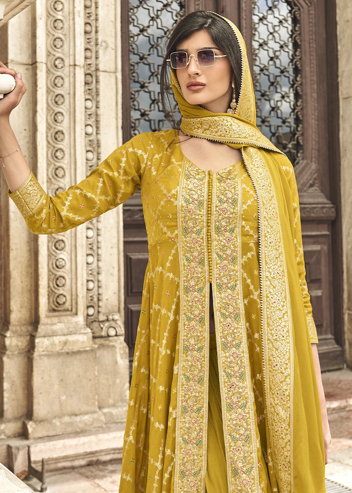 Mustard Yellow Hand Embroidered Viscose Jacquard Silk Palazzo Set