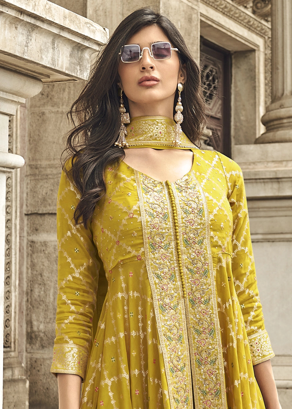 Mustard Yellow Hand Embroidered Viscose Jacquard Silk Palazzo Set