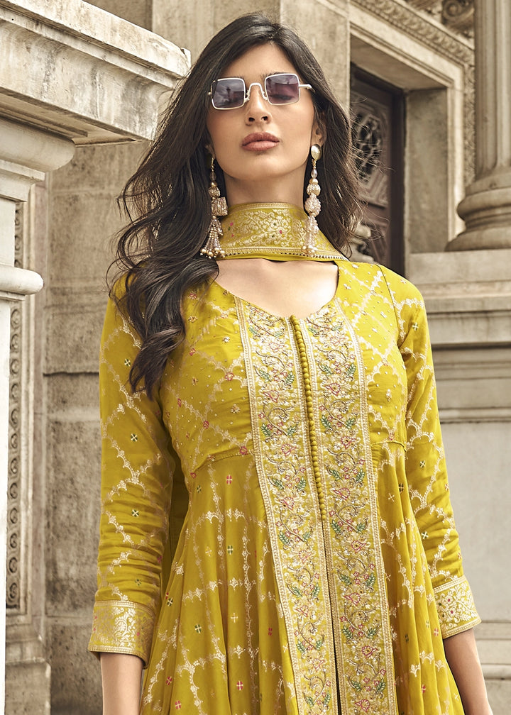 Mustard Yellow Hand Embroidered Viscose Jacquard Silk Palazzo Set