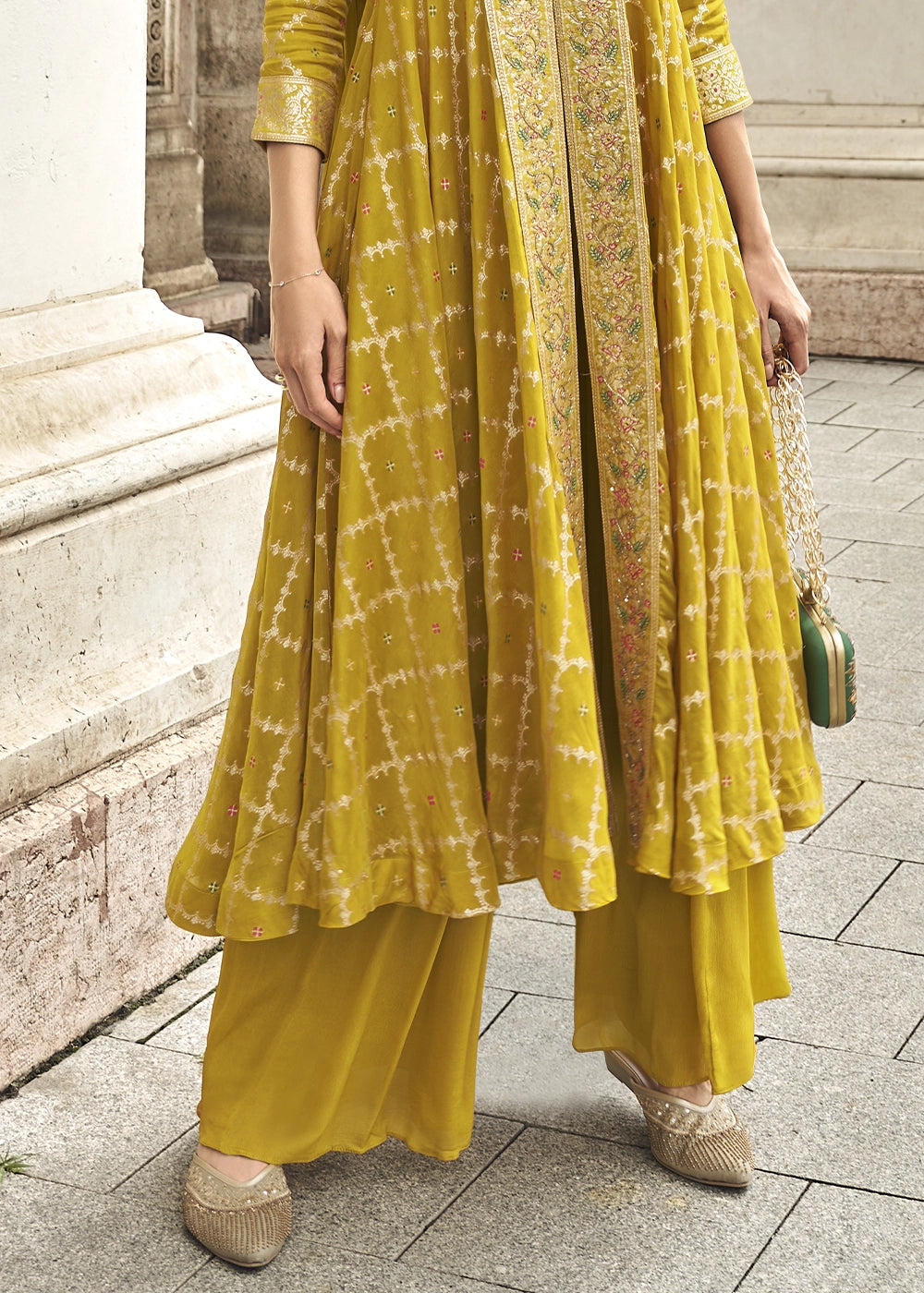 Mustard Yellow Hand Embroidered Viscose Jacquard Silk Palazzo Set