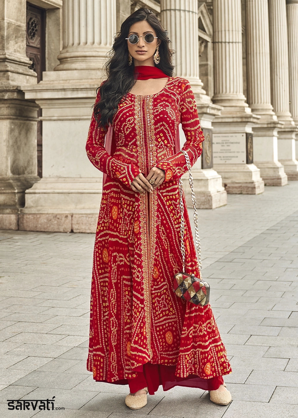 Crimson Red Hand Embroidered Georgette Palazzo Set