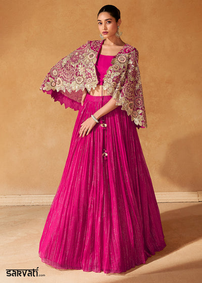 Magenta Pink Chinon Silk Top with Viscose Skirt & Embroidered Cape