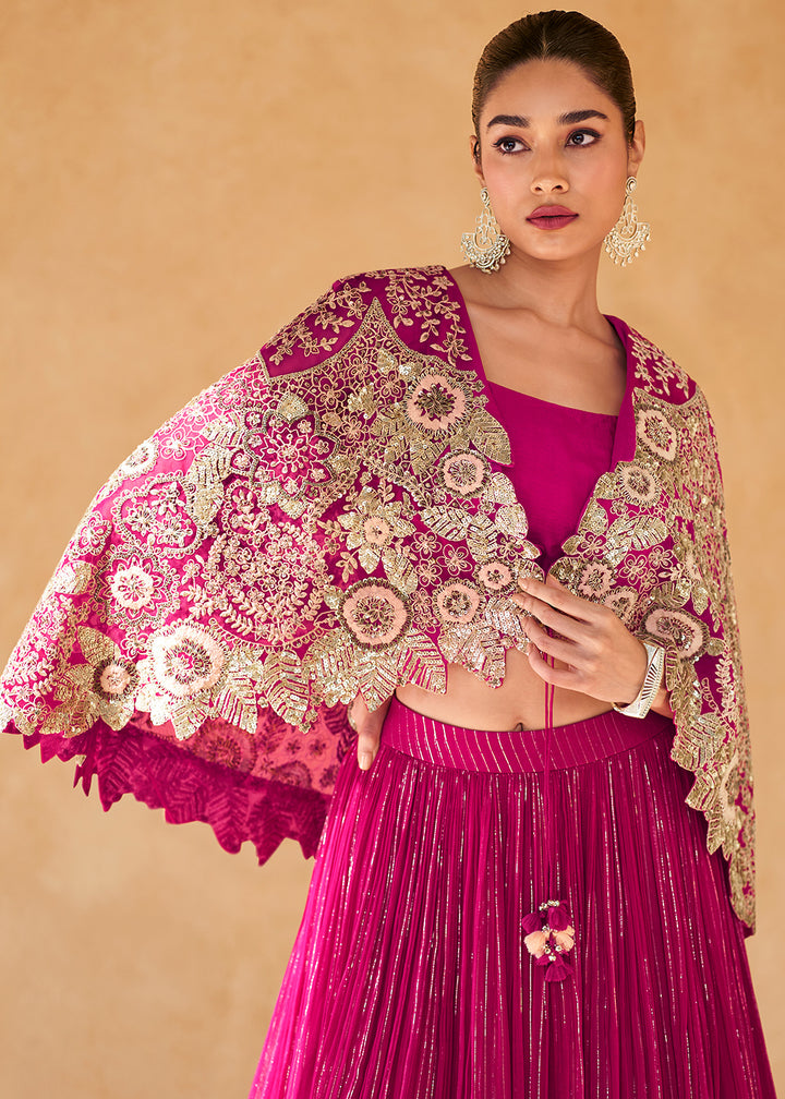 Magenta Pink Chinon Silk Top with Viscose Skirt & Embroidered Cape