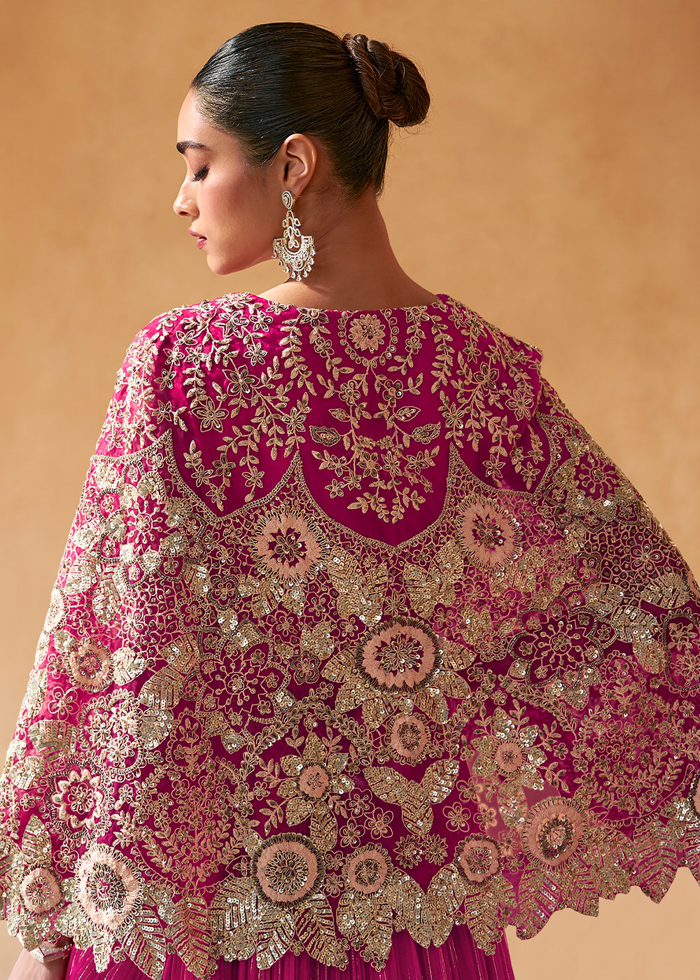 Magenta Pink Chinon Silk Top with Viscose Skirt & Embroidered Cape