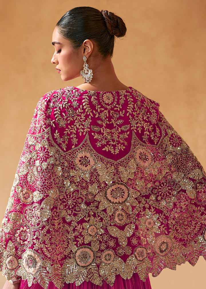 Magenta Pink Chinon Silk Top with Viscose Skirt & Embroidered Cape