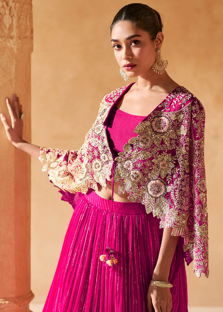 Magenta Pink Chinon Silk Top with Viscose Skirt & Embroidered Cape