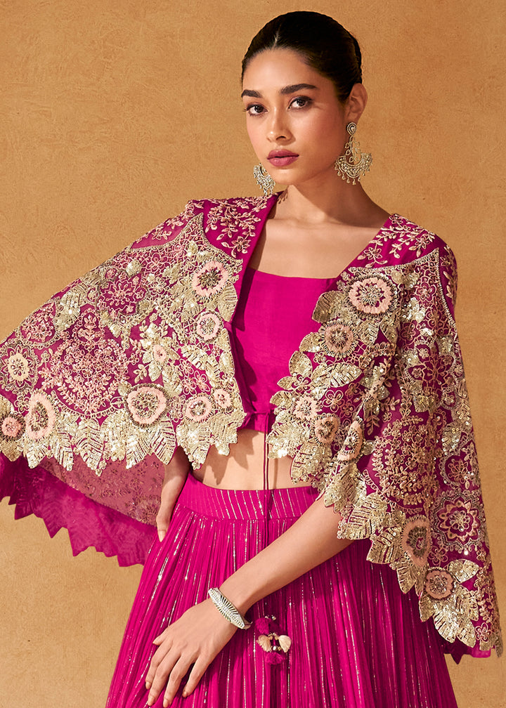 Magenta Pink Chinon Silk Top with Viscose Skirt & Embroidered Cape