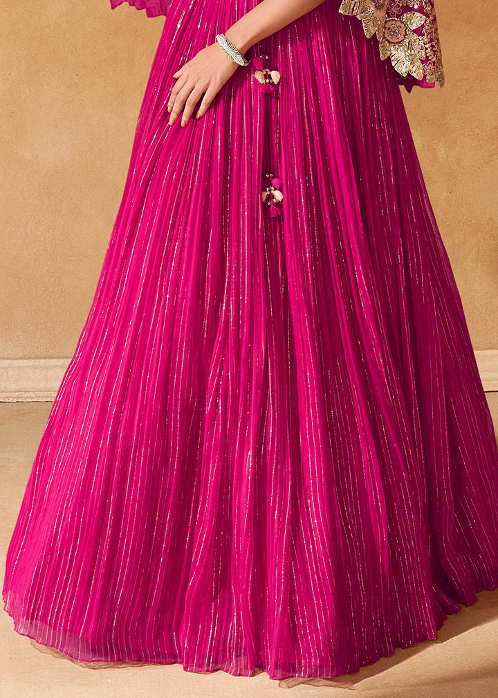 Magenta Pink Chinon Silk Top with Viscose Skirt & Embroidered Cape