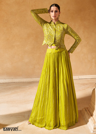 Avocado Green Chinon Silk Top with Jacquard Skirt Set