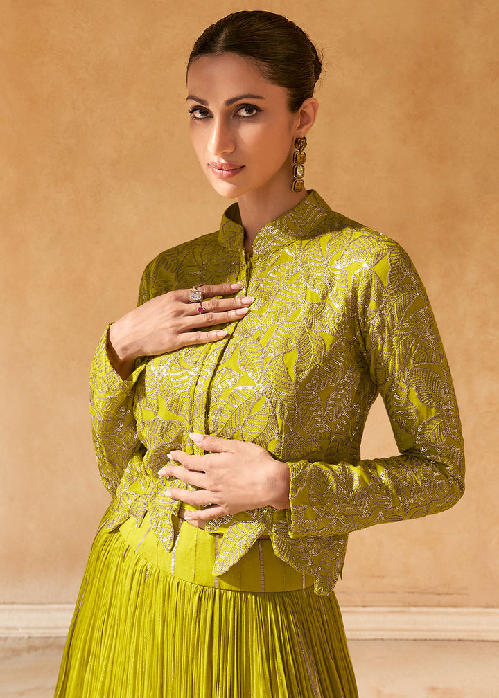Avocado Green Chinon Silk Top with Jacquard Skirt Set