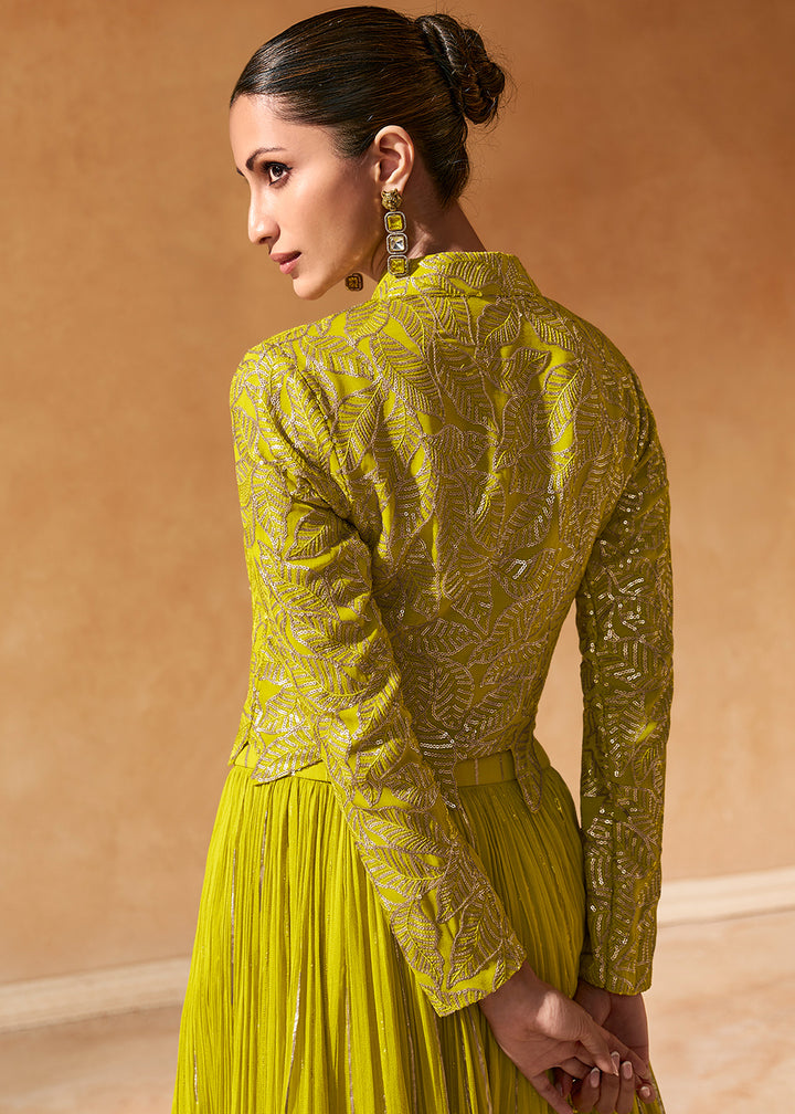 Avocado Green Chinon Silk Top with Jacquard Skirt Set