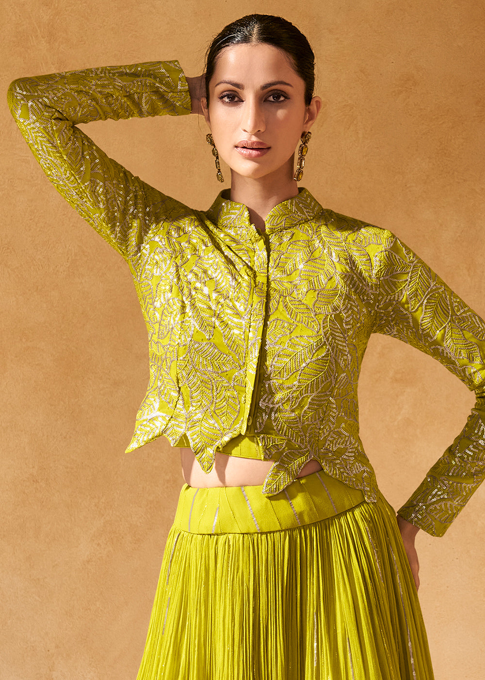 Avocado Green Chinon Silk Top with Jacquard Skirt Set