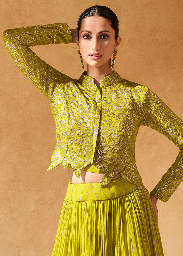 Avocado Green Chinon Silk Top with Jacquard Skirt Set