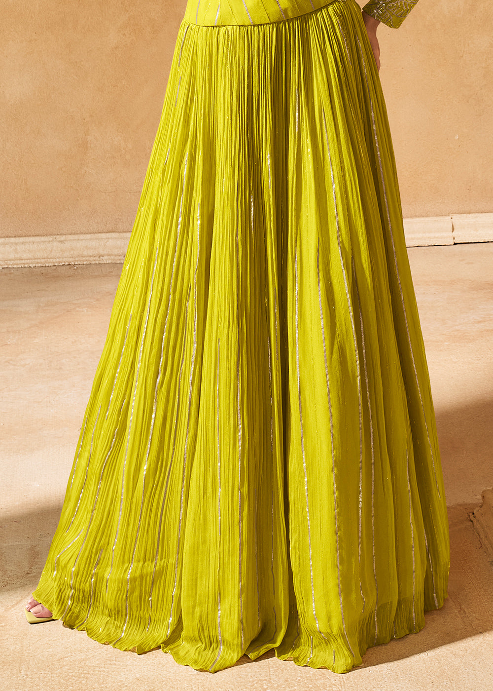 Avocado Green Chinon Silk Top with Jacquard Skirt Set