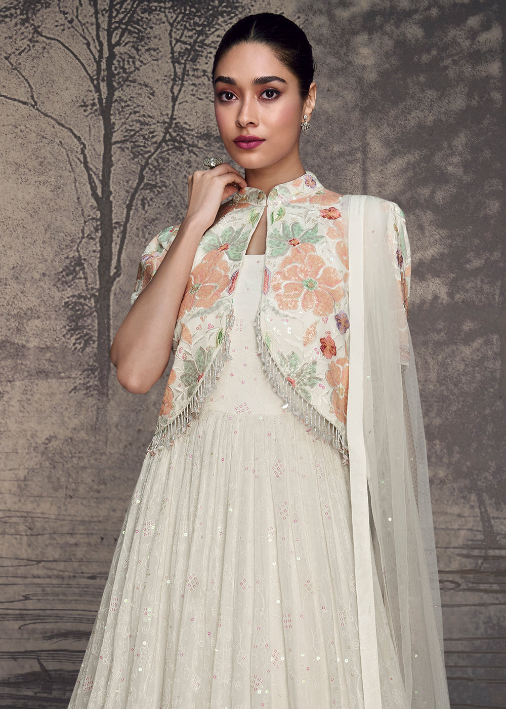 Pearl White Designer Anarkali Gown Featuring Exquisite Embroidery Work