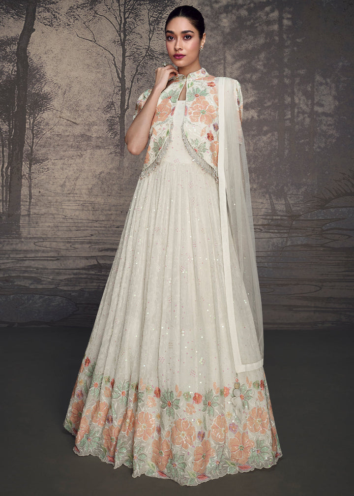 Pearl White Designer Anarkali Gown Featuring Exquisite Embroidery Work