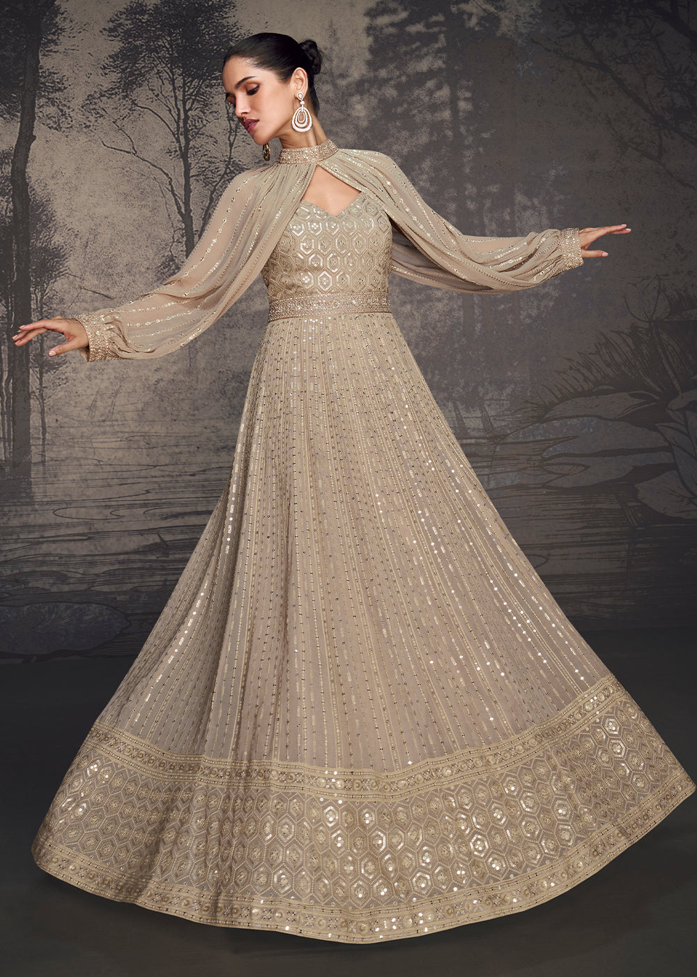 Greyish Brown Designer Anarkali Gown Featuring Exquisite Embroidery Work