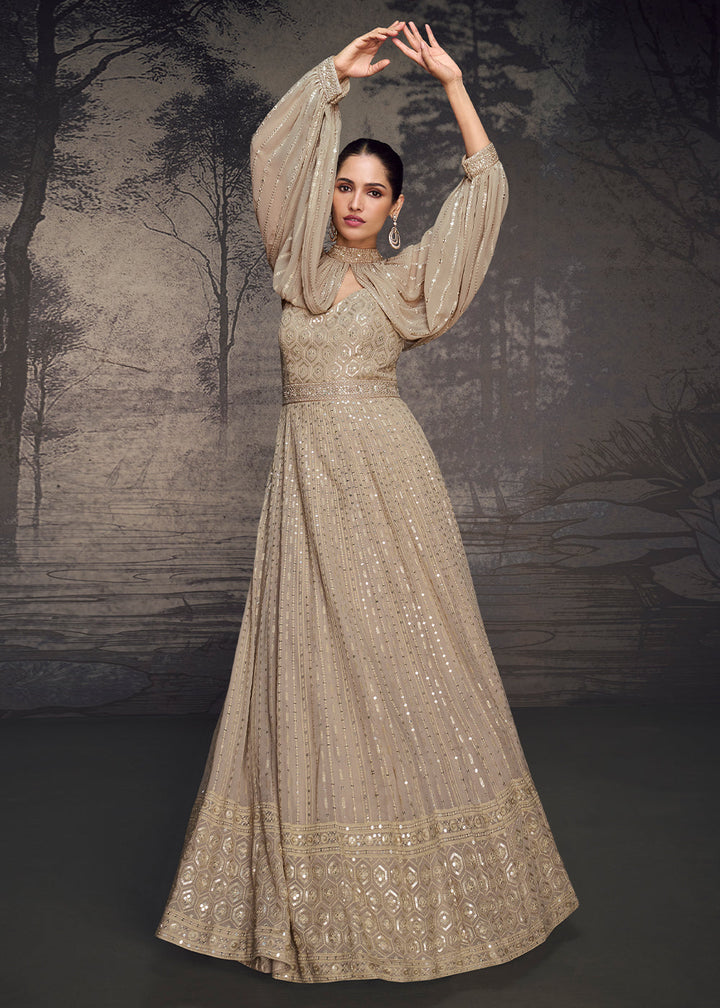 Greyish Brown Designer Anarkali Gown Featuring Exquisite Embroidery Work