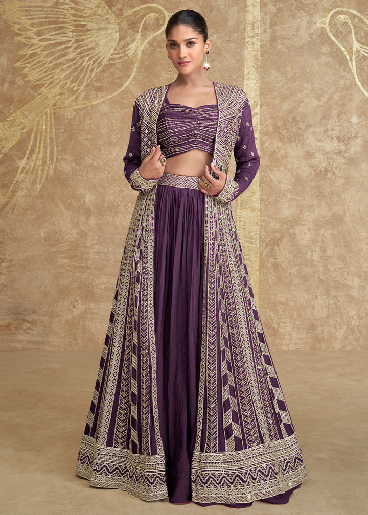 Grape Purple Chinon Silk Crop Top & Skirt with Long Jacket