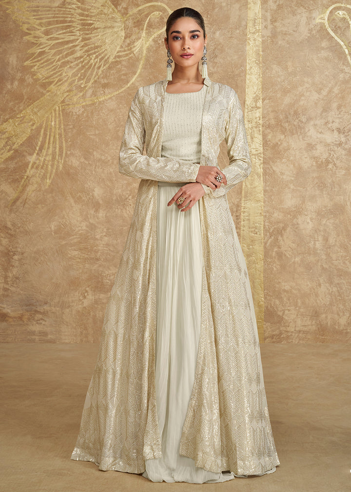 Parchment White Georgette Skirt & Top Set with Front & Back Embroidered Designer Long Jacket