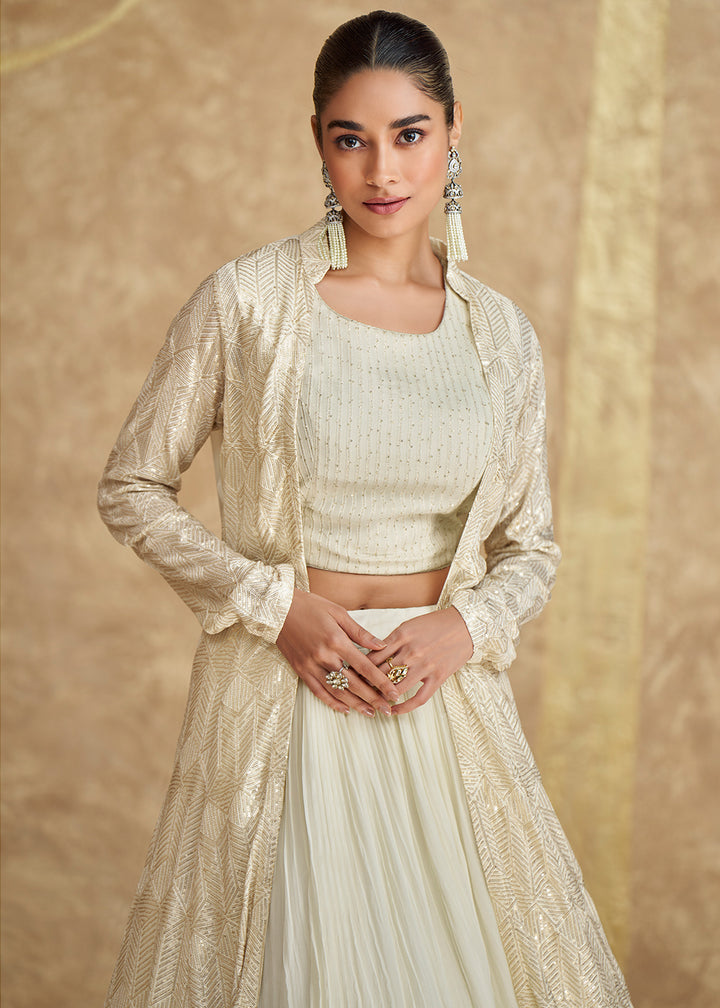 Parchment White Georgette Skirt & Top Set with Front & Back Embroidered Designer Long Jacket