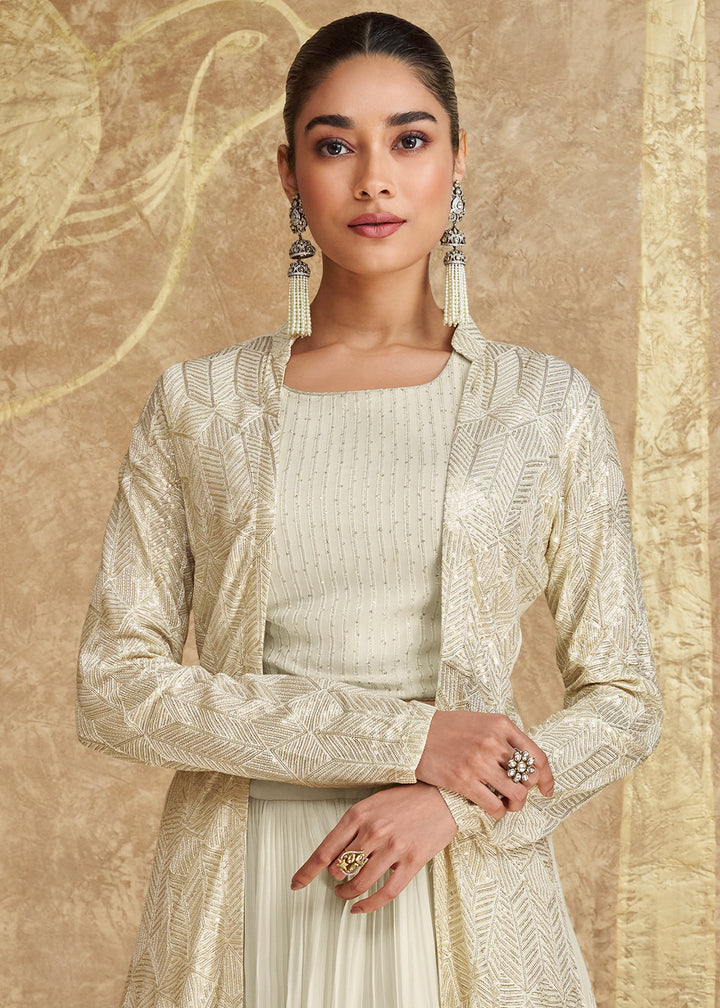 Parchment White Georgette Skirt & Top Set with Front & Back Embroidered Designer Long Jacket