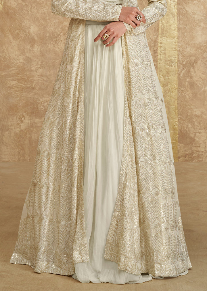 Parchment White Georgette Skirt & Top Set with Front & Back Embroidered Designer Long Jacket