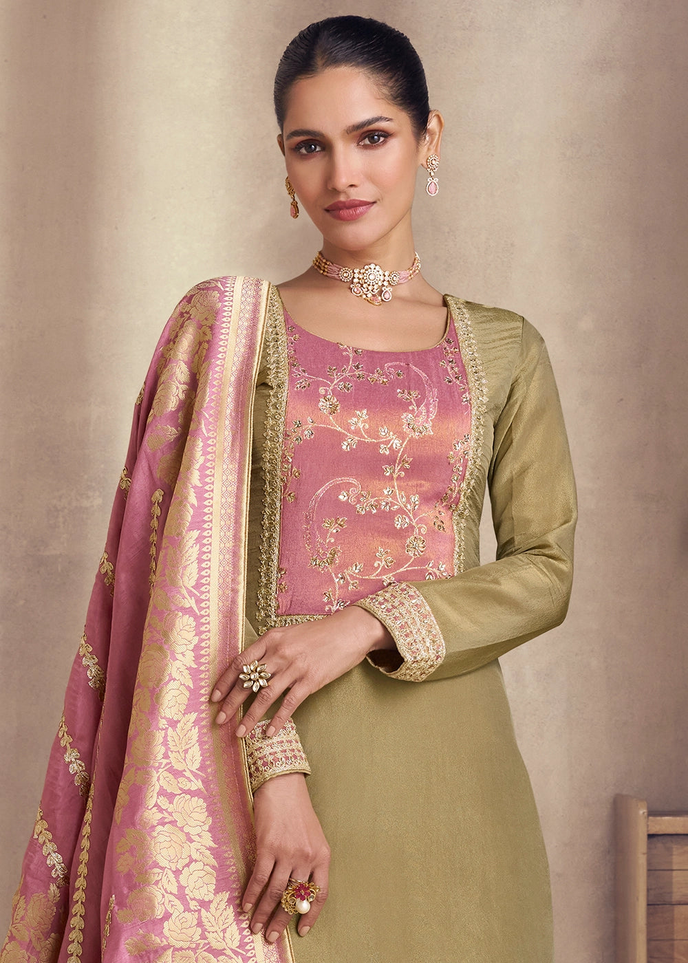 Sage Green Simar Silk Suit with Exquisite Embroidery