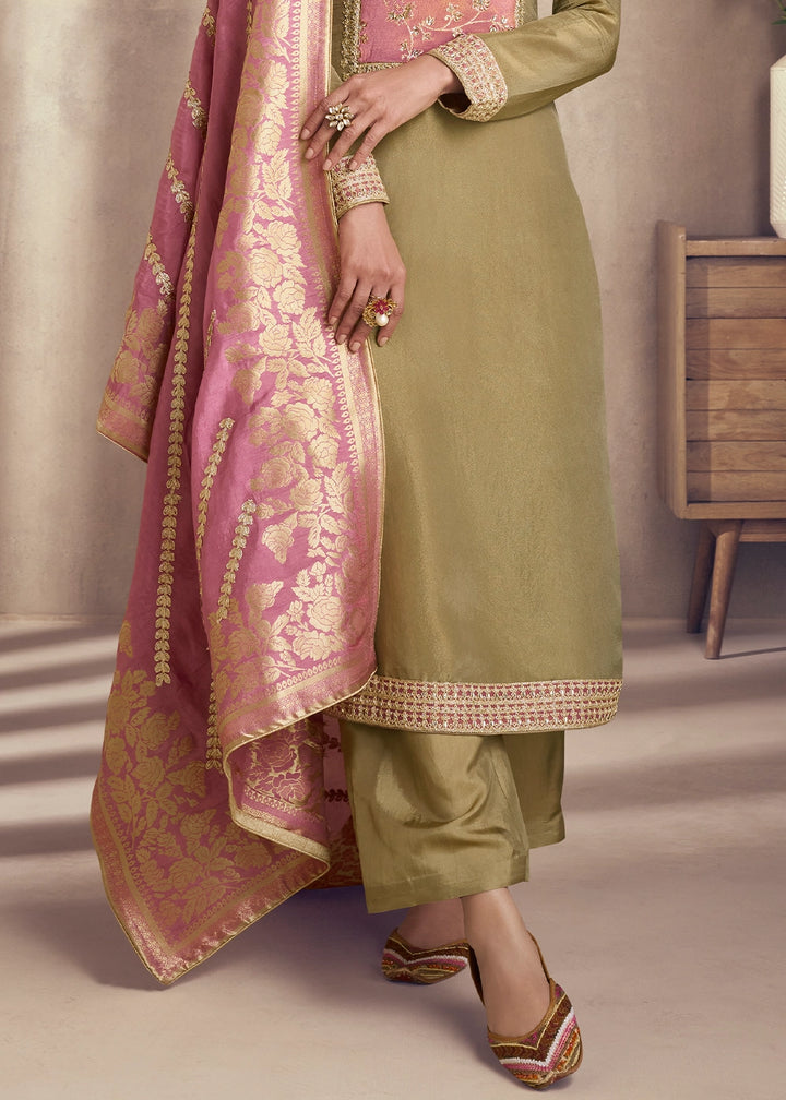 Sage Green Simar Silk Suit with Exquisite Embroidery