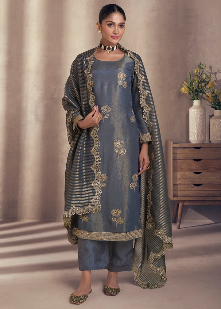 Pewter Grey Simar Silk Suit with Exquisite Embroidery