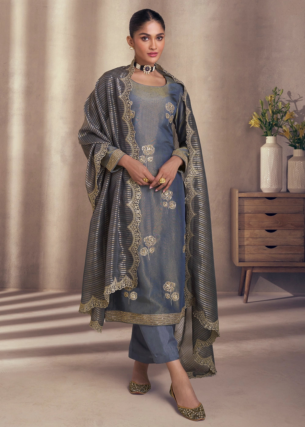 Pewter Grey Simar Silk Suit with Exquisite Embroidery