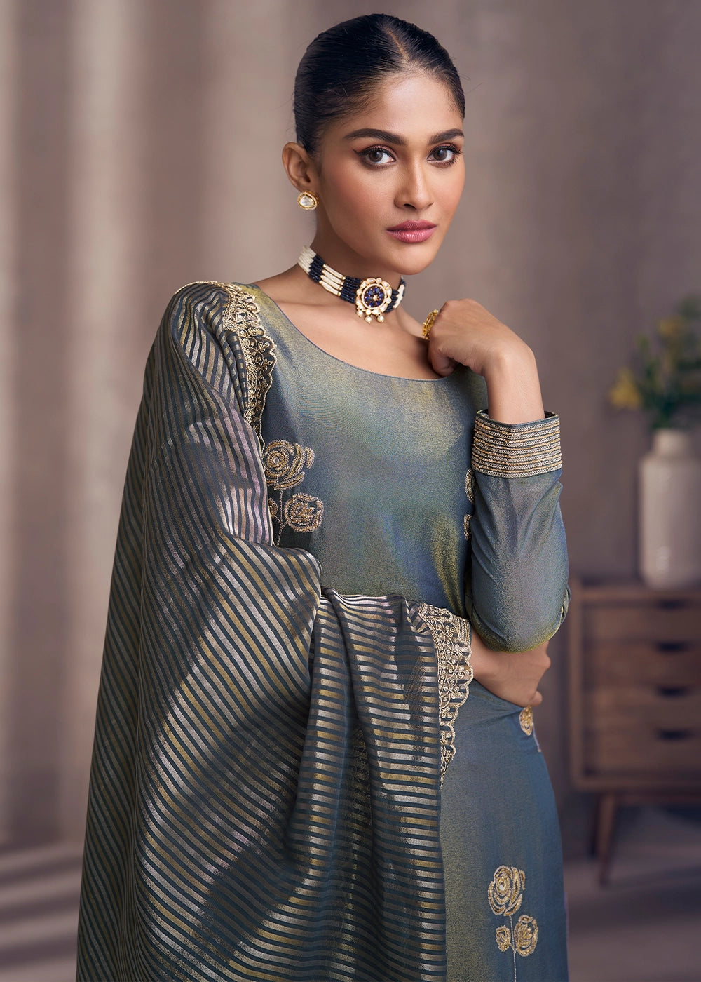 Pewter Grey Simar Silk Suit with Exquisite Embroidery