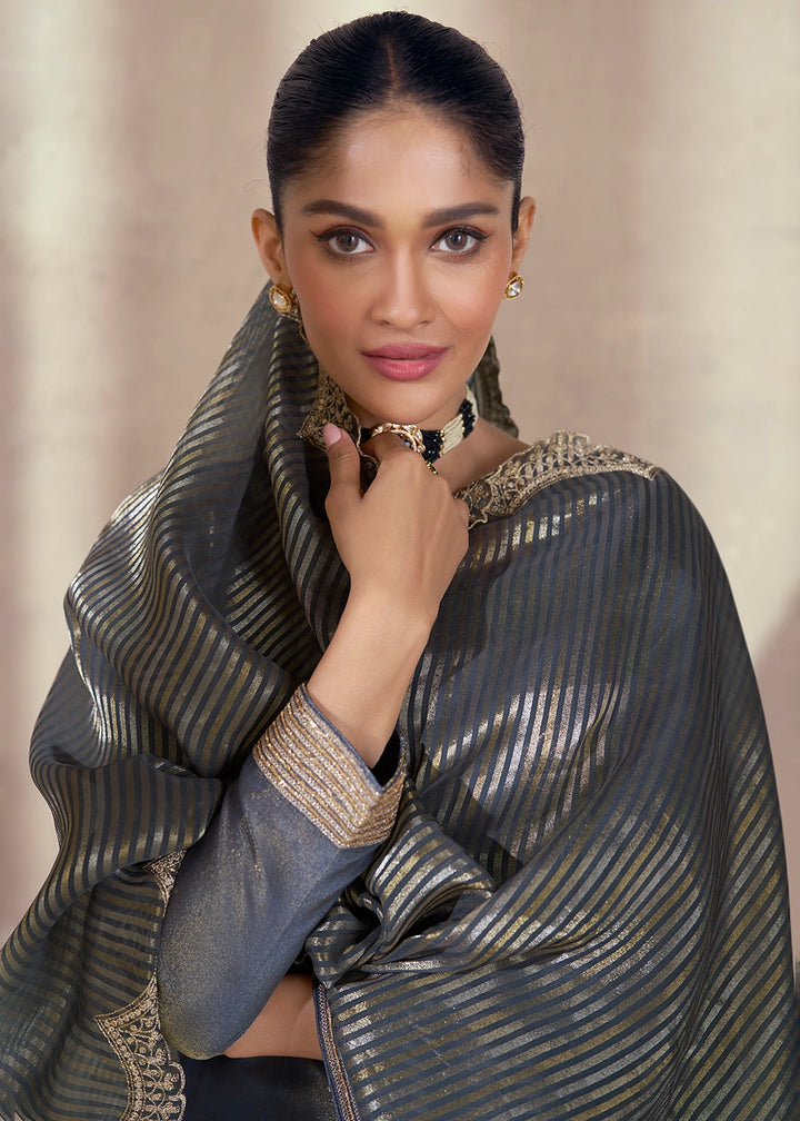 Pewter Grey Simar Silk Suit with Exquisite Embroidery