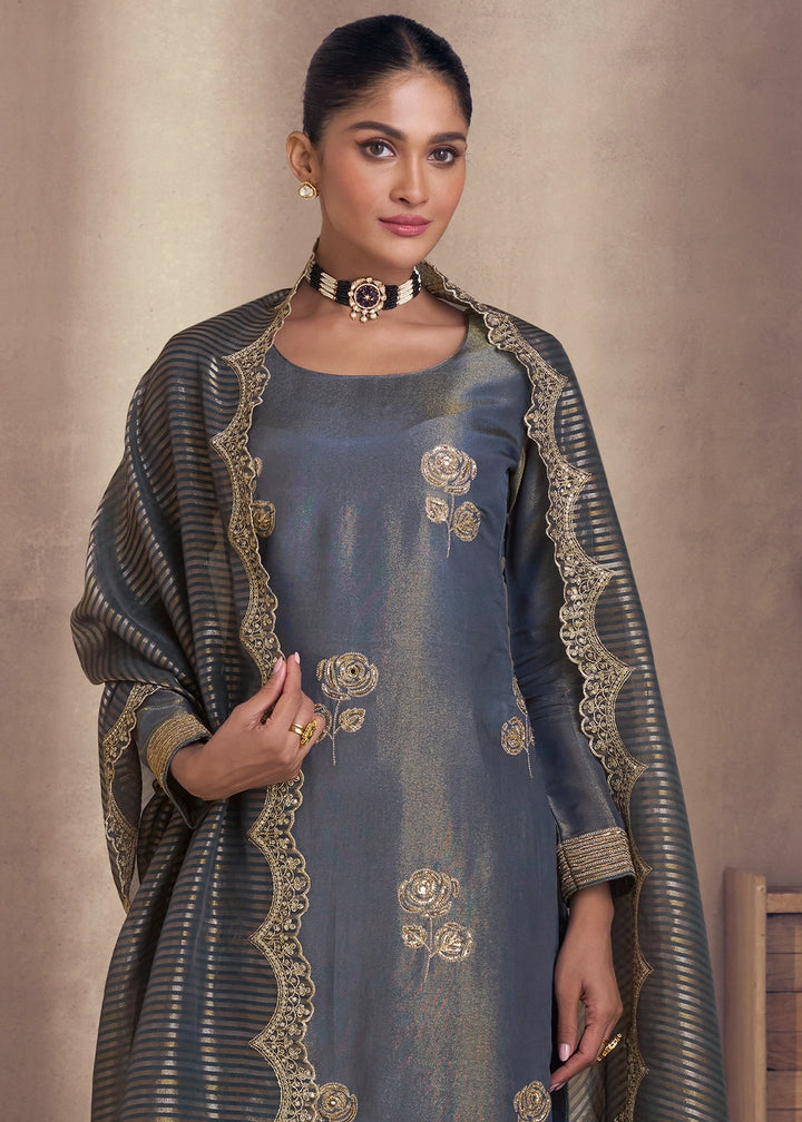 Pewter Grey Simar Silk Suit with Exquisite Embroidery