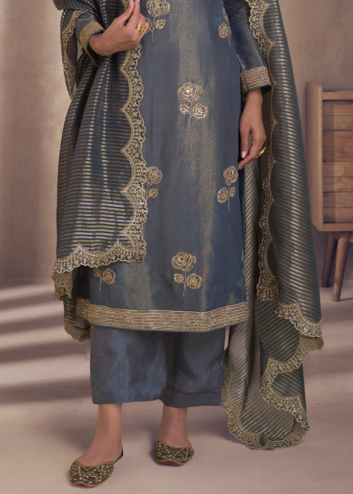 Pewter Grey Simar Silk Suit with Exquisite Embroidery