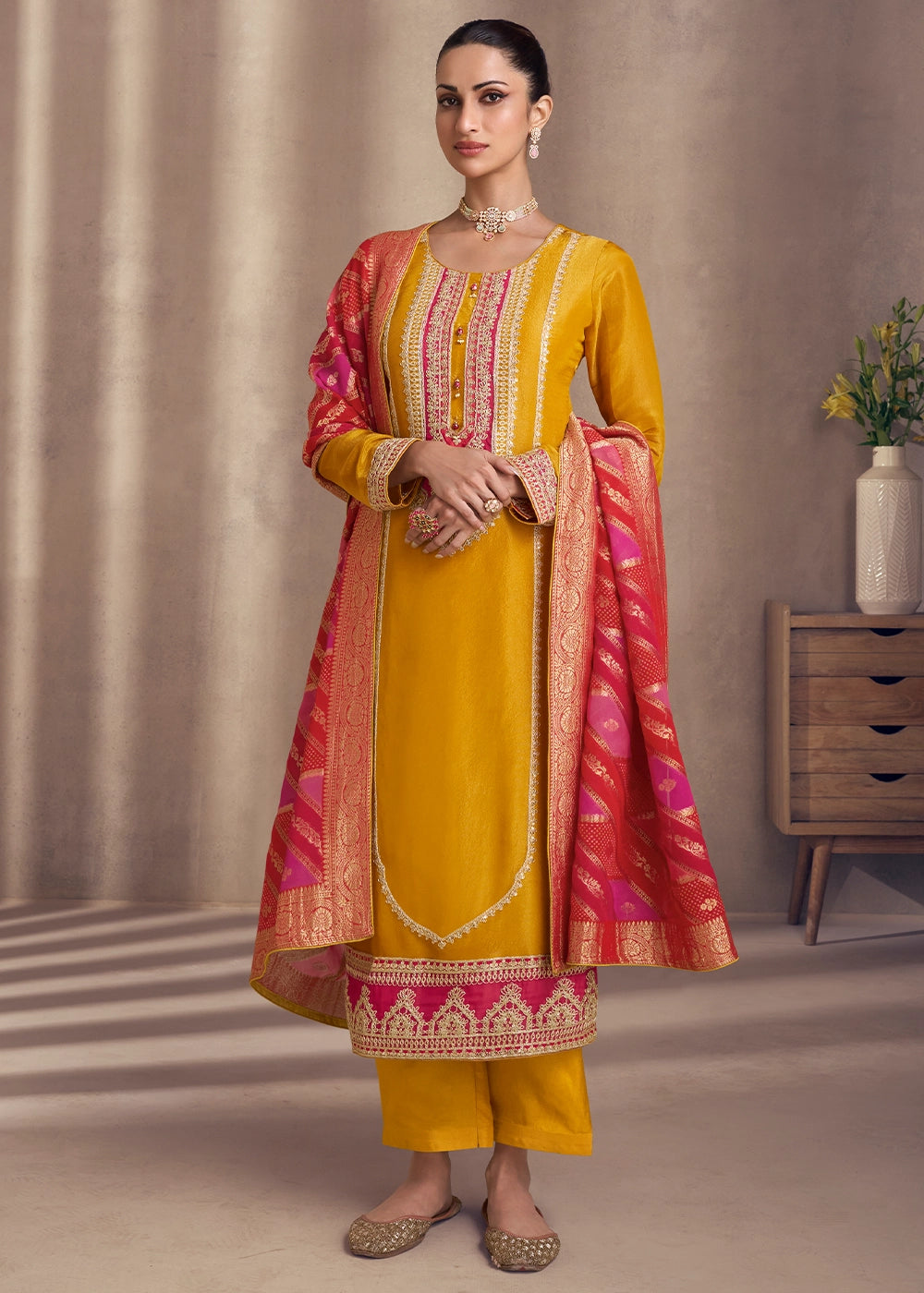 Saffron Yellow Simar Silk Suit with Exquisite Embroidery